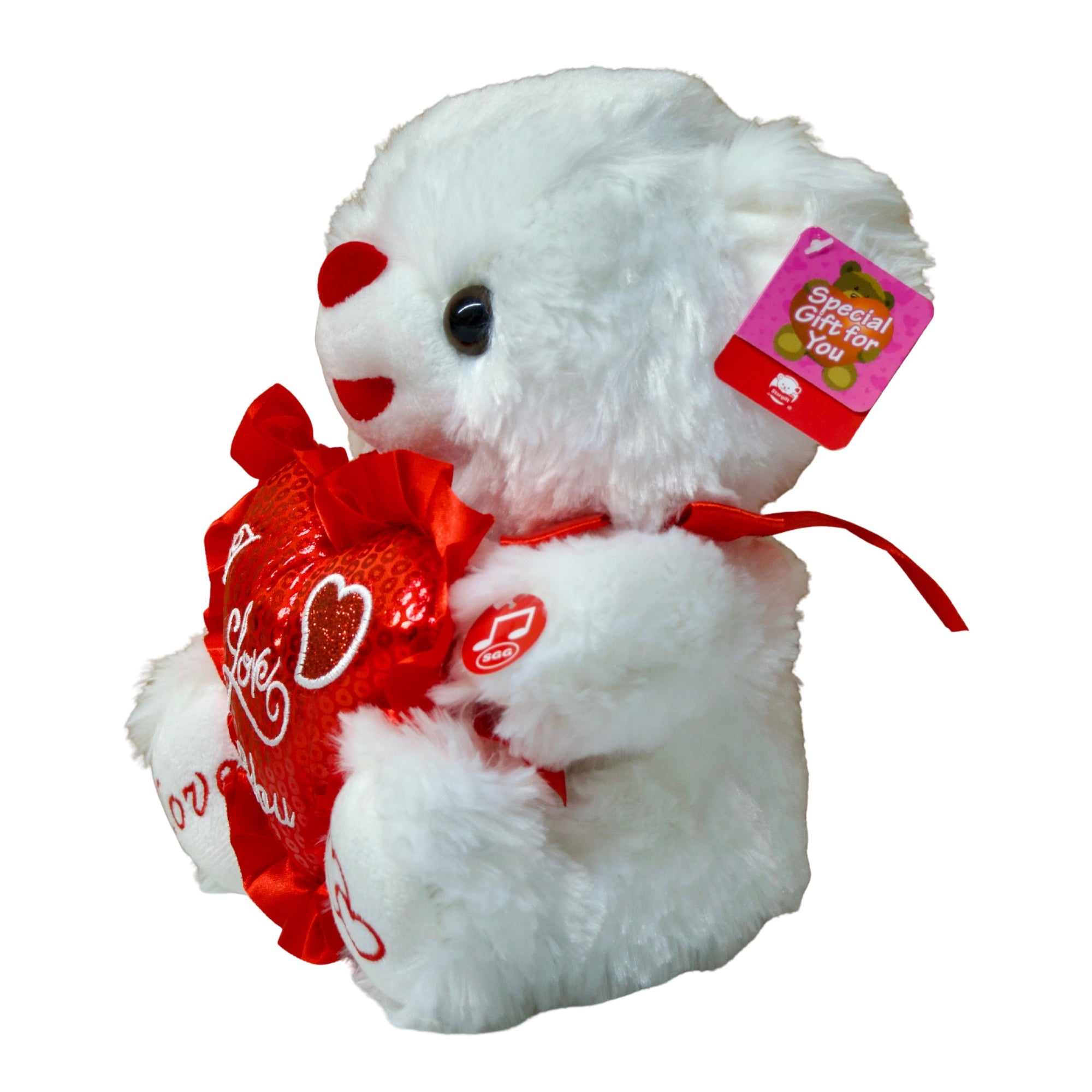 White teddy bear holding a red heart-shaped box with 'I Love You' text on a white background