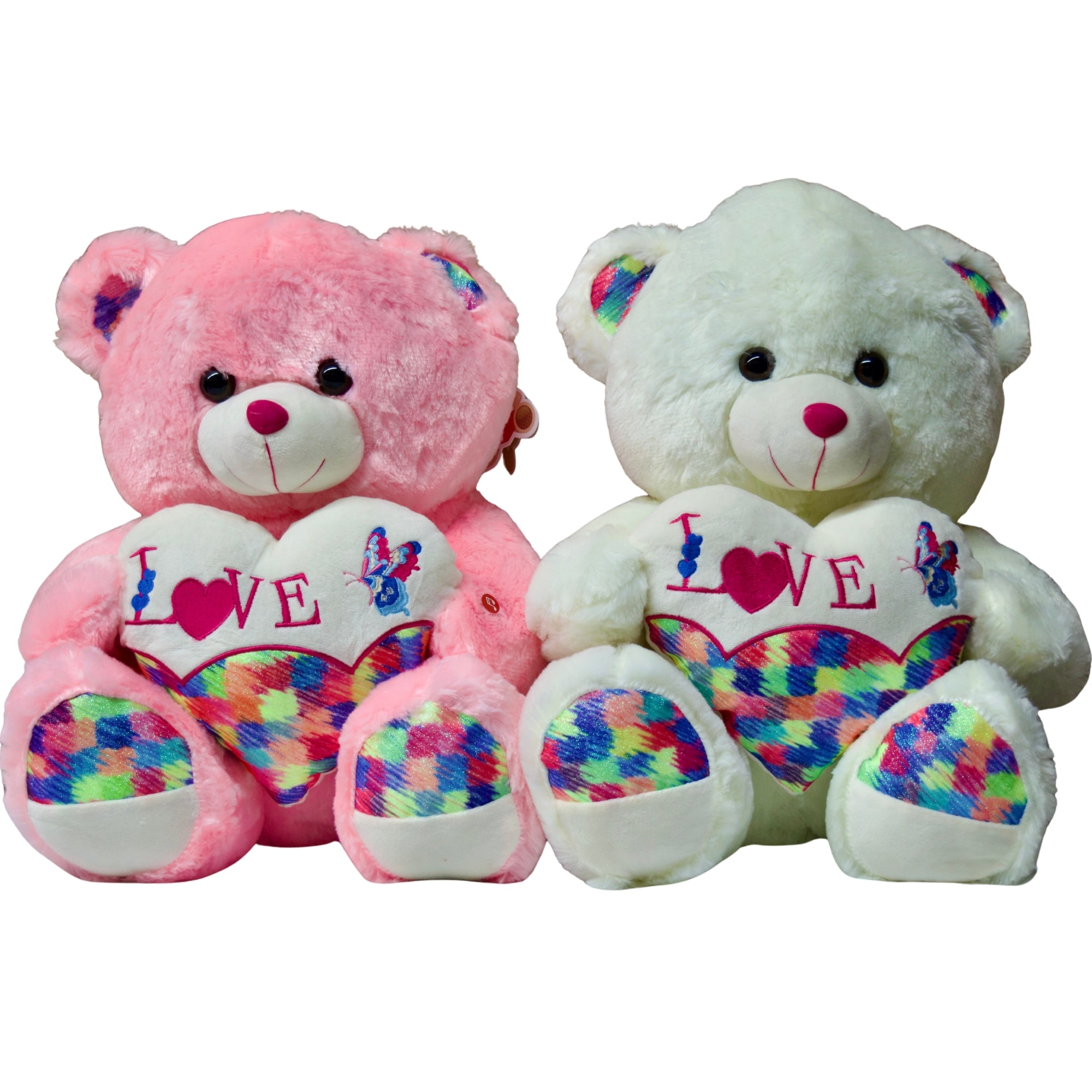 White teddy bear holding a red heart-shaped gift box with a tag on a white background