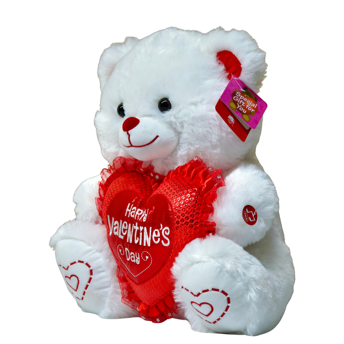 White teddy bear holding a red heart with 'Happy Valentine's Day' text on a white background