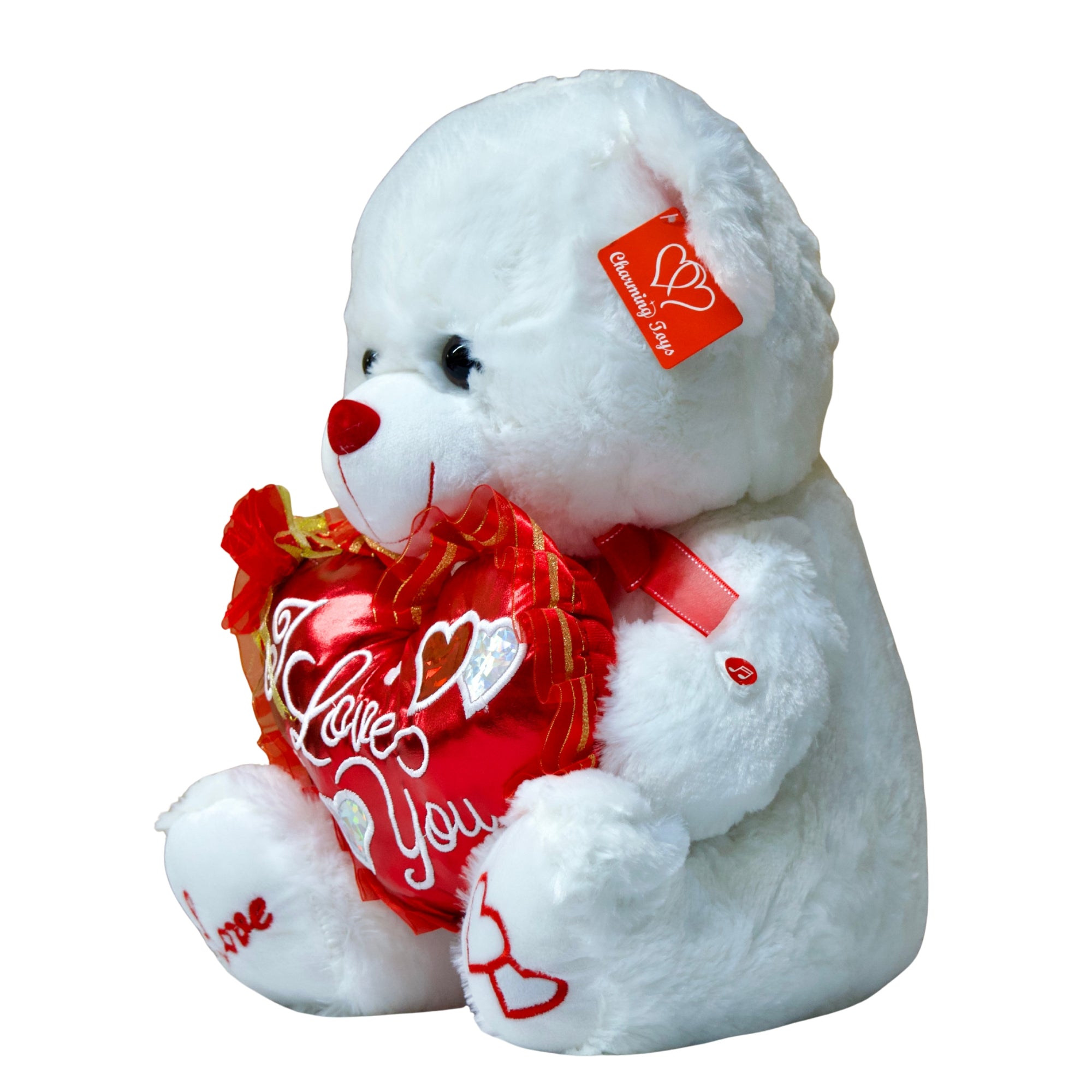 White teddy bear holding a red heart with 'I Love You' text on a white background