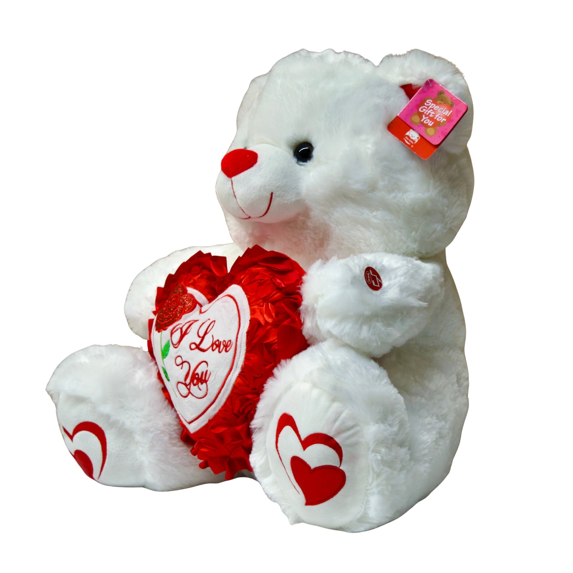 White teddy bear holding a red heart with 'I Love You' text on a white background