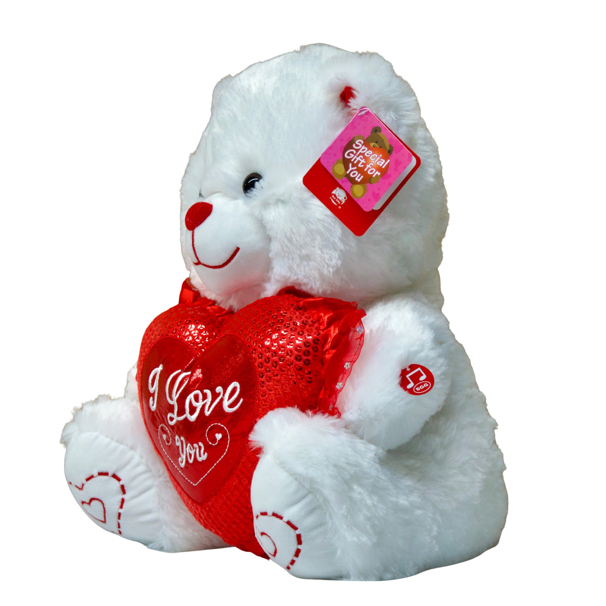 White teddy bear holding a red heart with 'I Love You' text, on a white background
