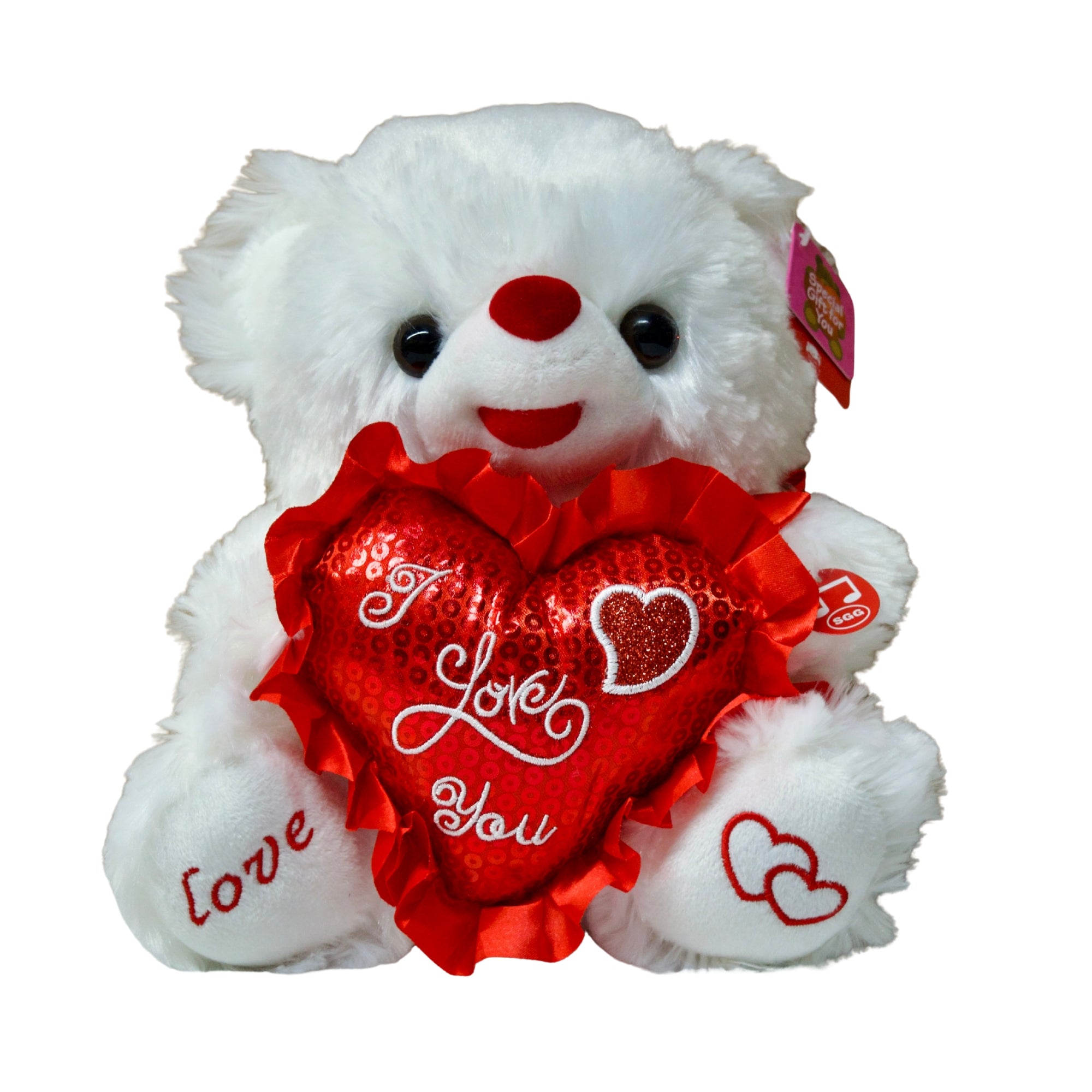 White teddy bear holding a red heart with 'I Love You' text on a white background