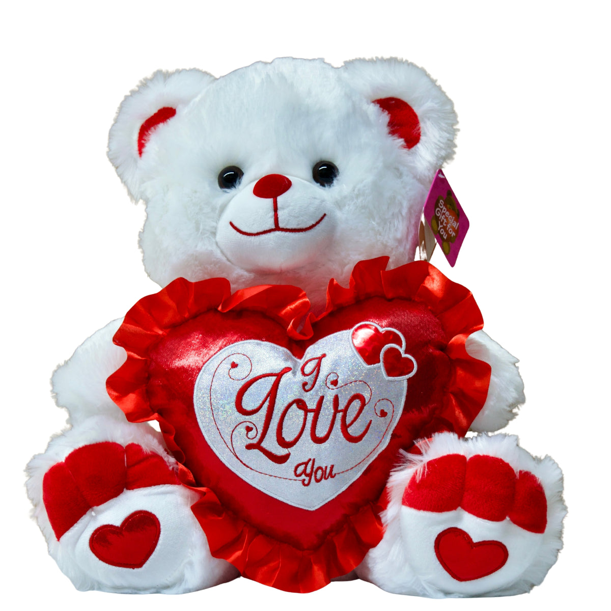 White teddy bear holding a red heart with 'I Love You' text on a white background