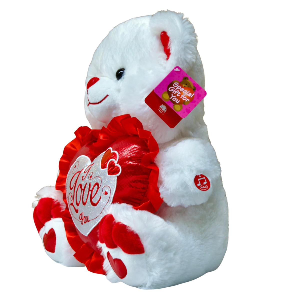 White teddy bear holding a red heart with 'I Love You' text, on a white background