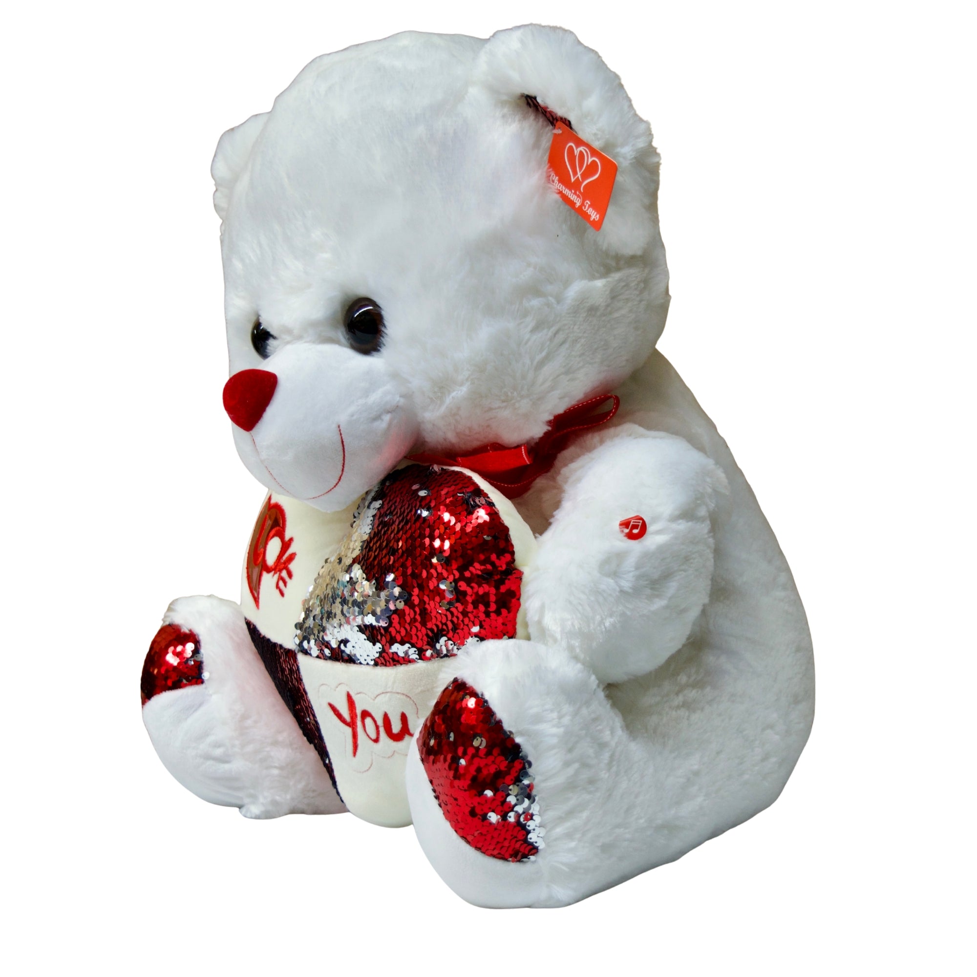 White teddy bear holding a red heart with 'You' on it, on a white background