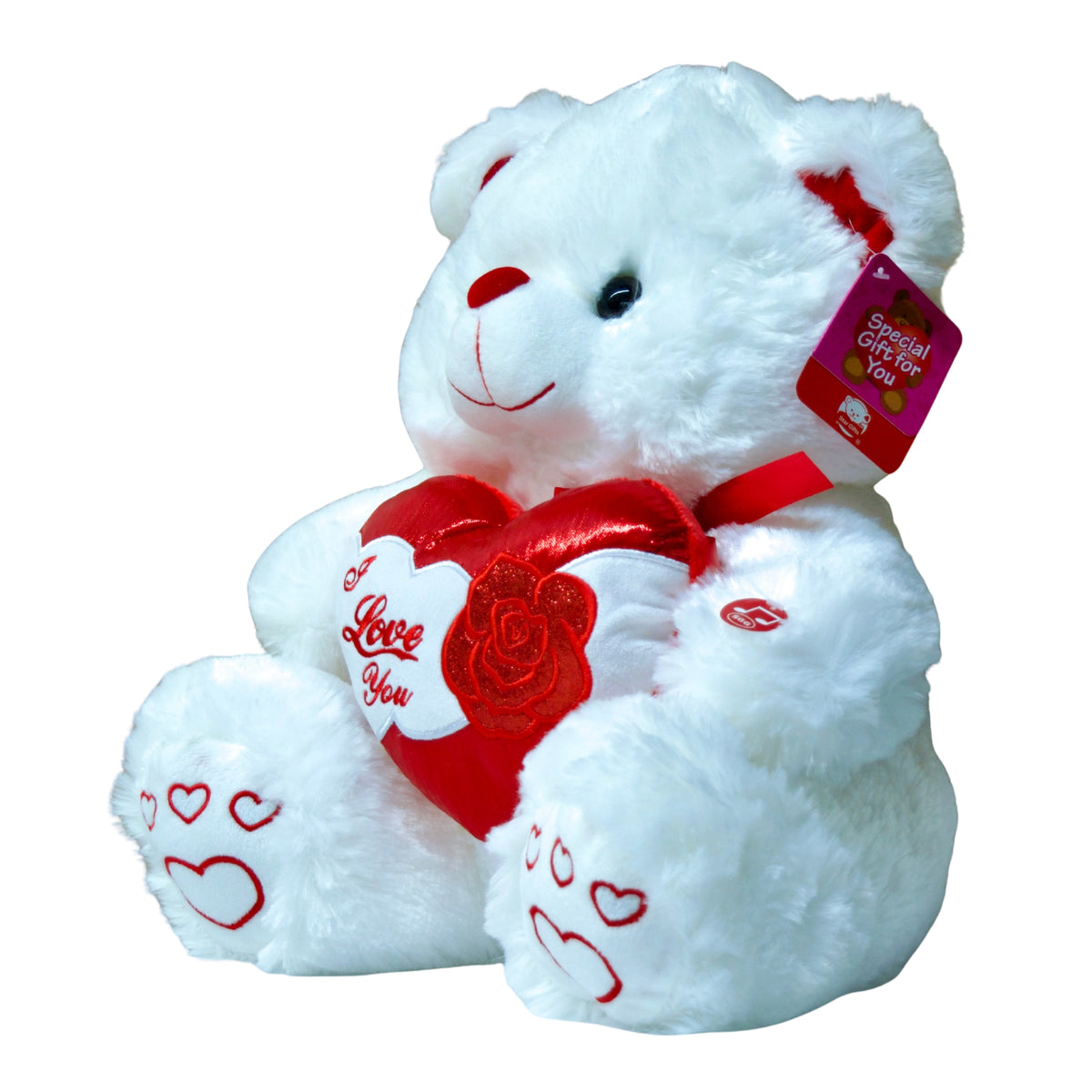White teddy bear with a blue party hat and birthday cake design on a white background