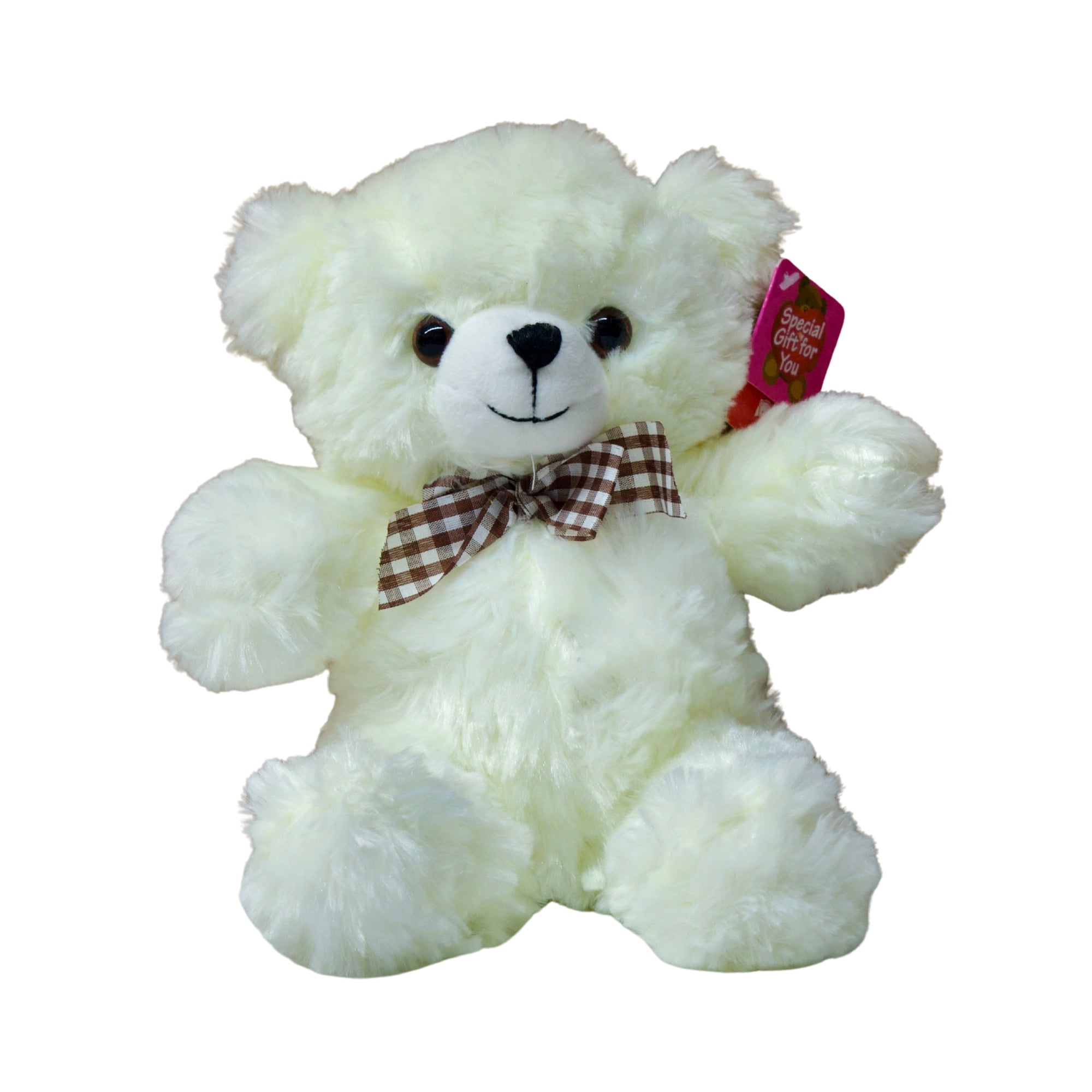 White teddy bear with a brown bow tie on a white background