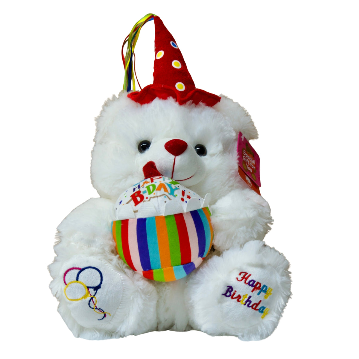 White teddy bear with a colorful balloon and birthday hat on a white background