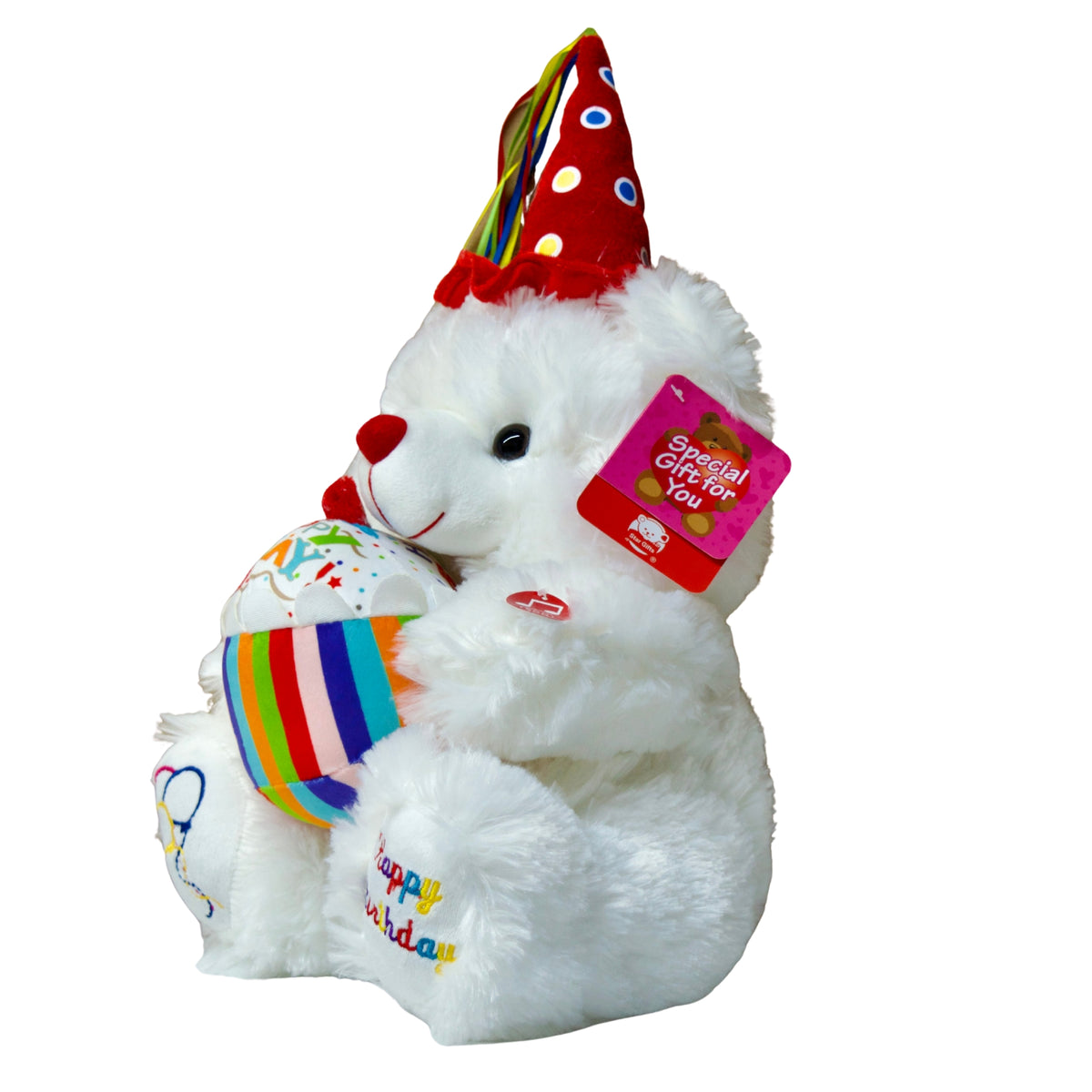 White teddy bear with a colorful balloon and party hat on a white background