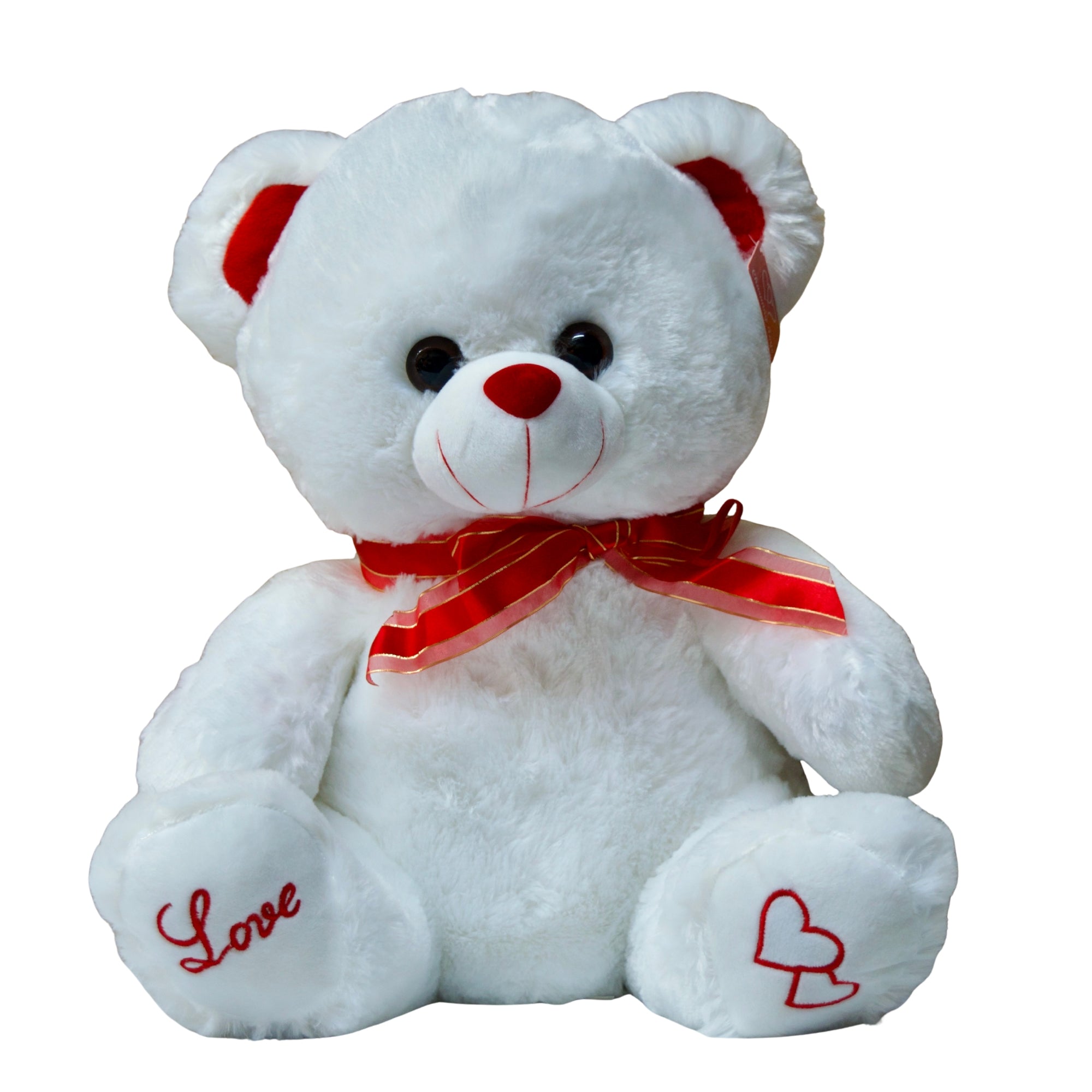White teddy bear with a red bow and 'Love' and heart designs on a white background