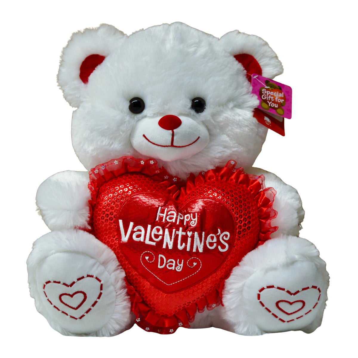 White teddy bear with a red heart that says 'Happy Valentine's Day' on a white background