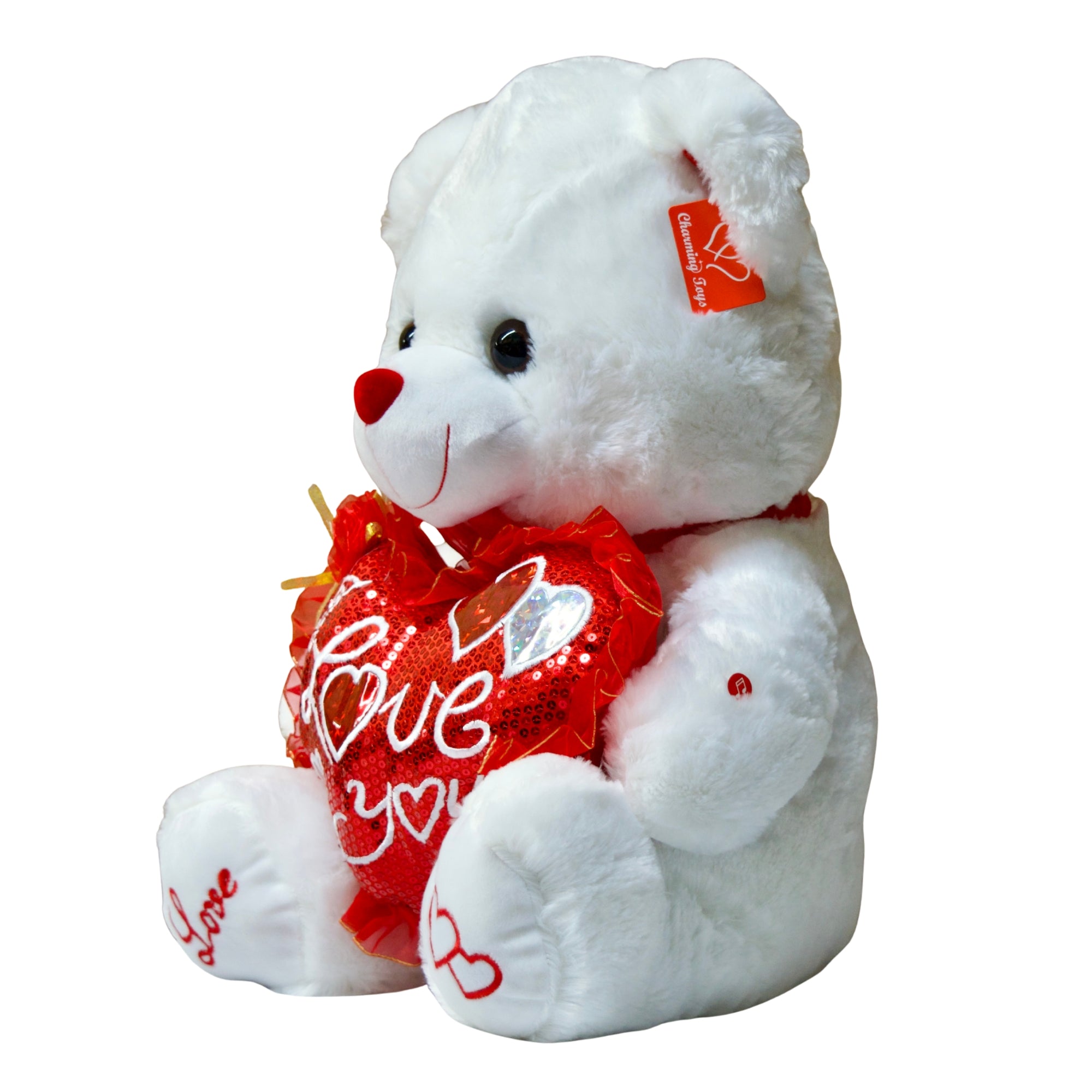 White teddy bear with a red heart that says 'I Love You' on a white background