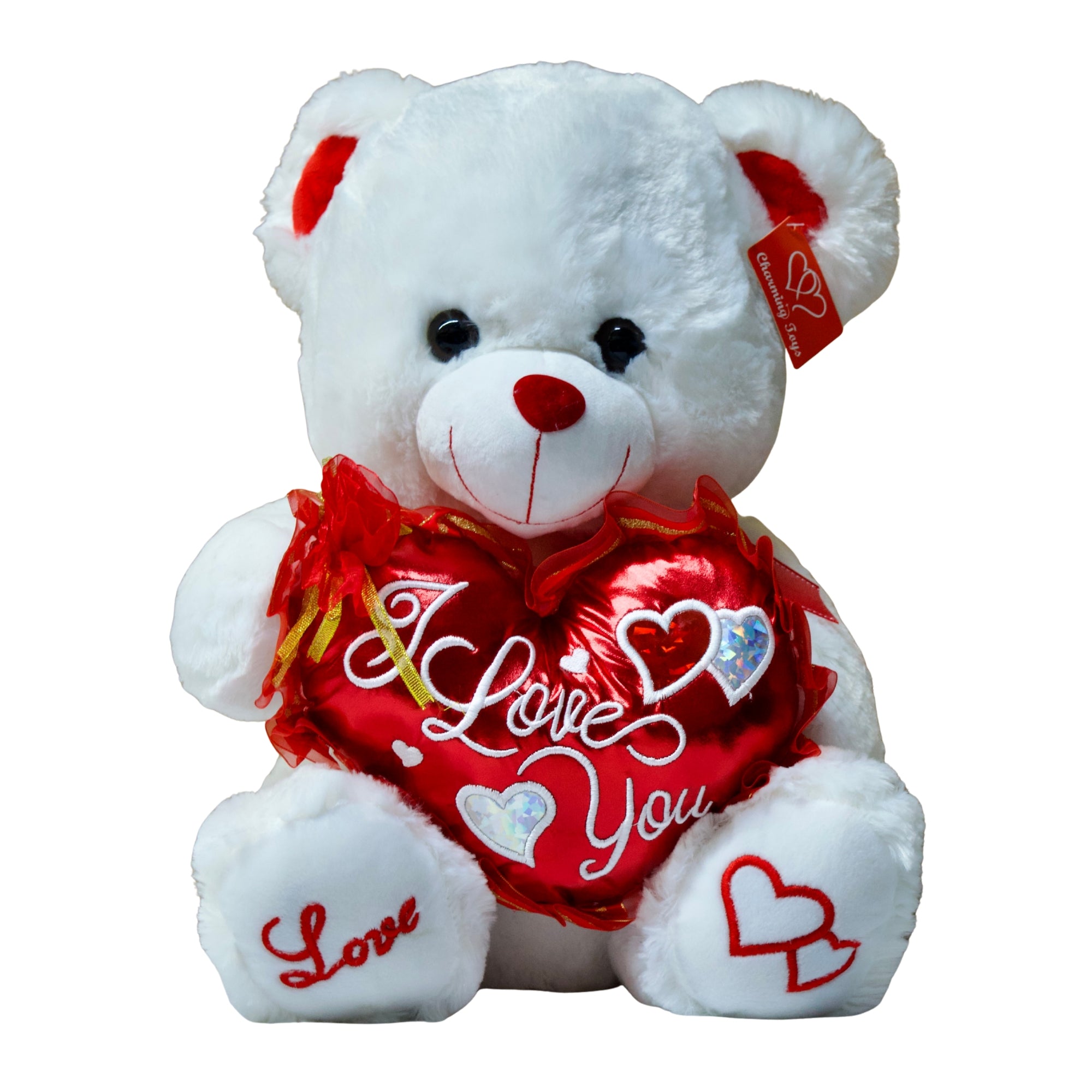 White teddy bear with a red heart that says 'I Love You' on a white background