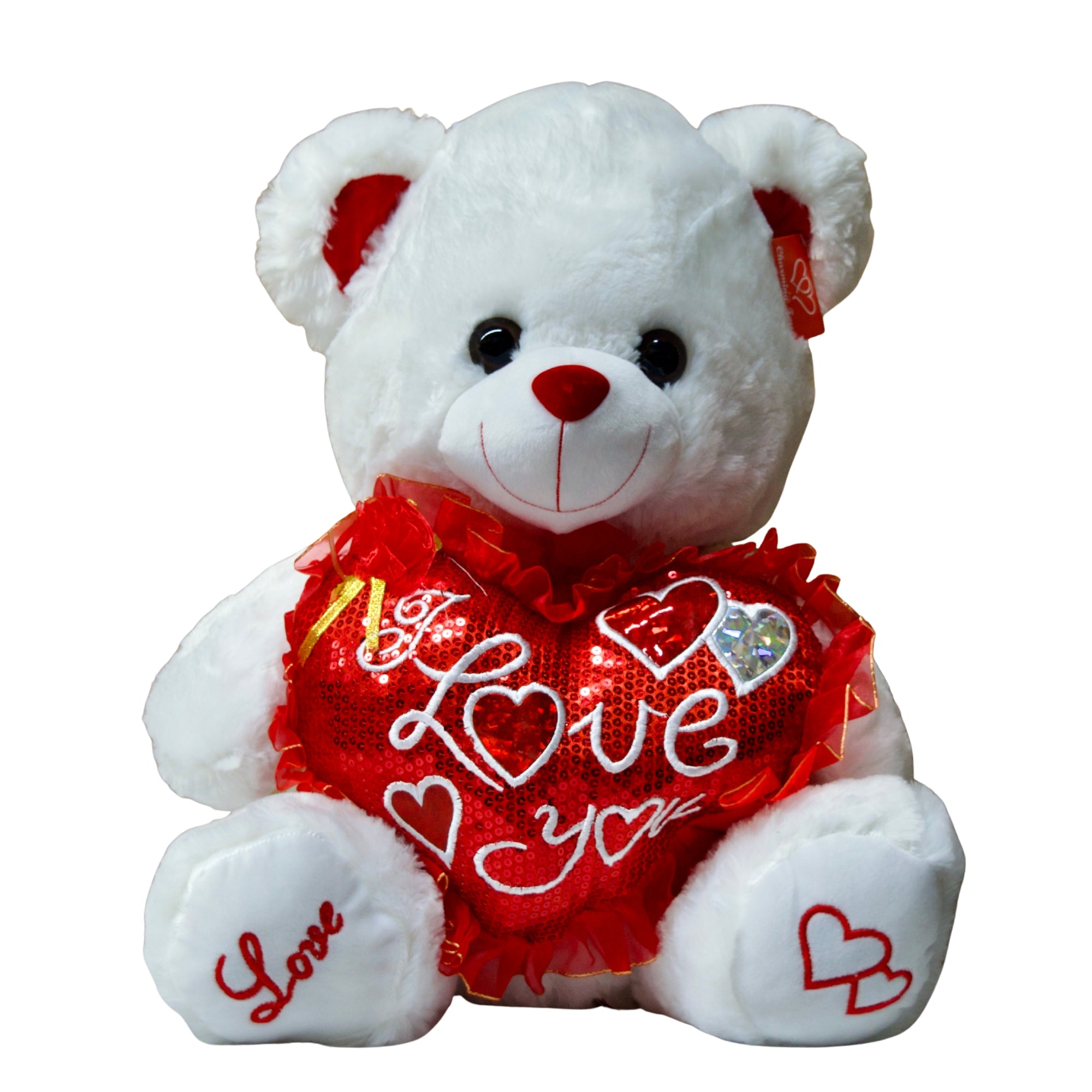 White teddy bear with a red heart that says 'I Love You' on a white background