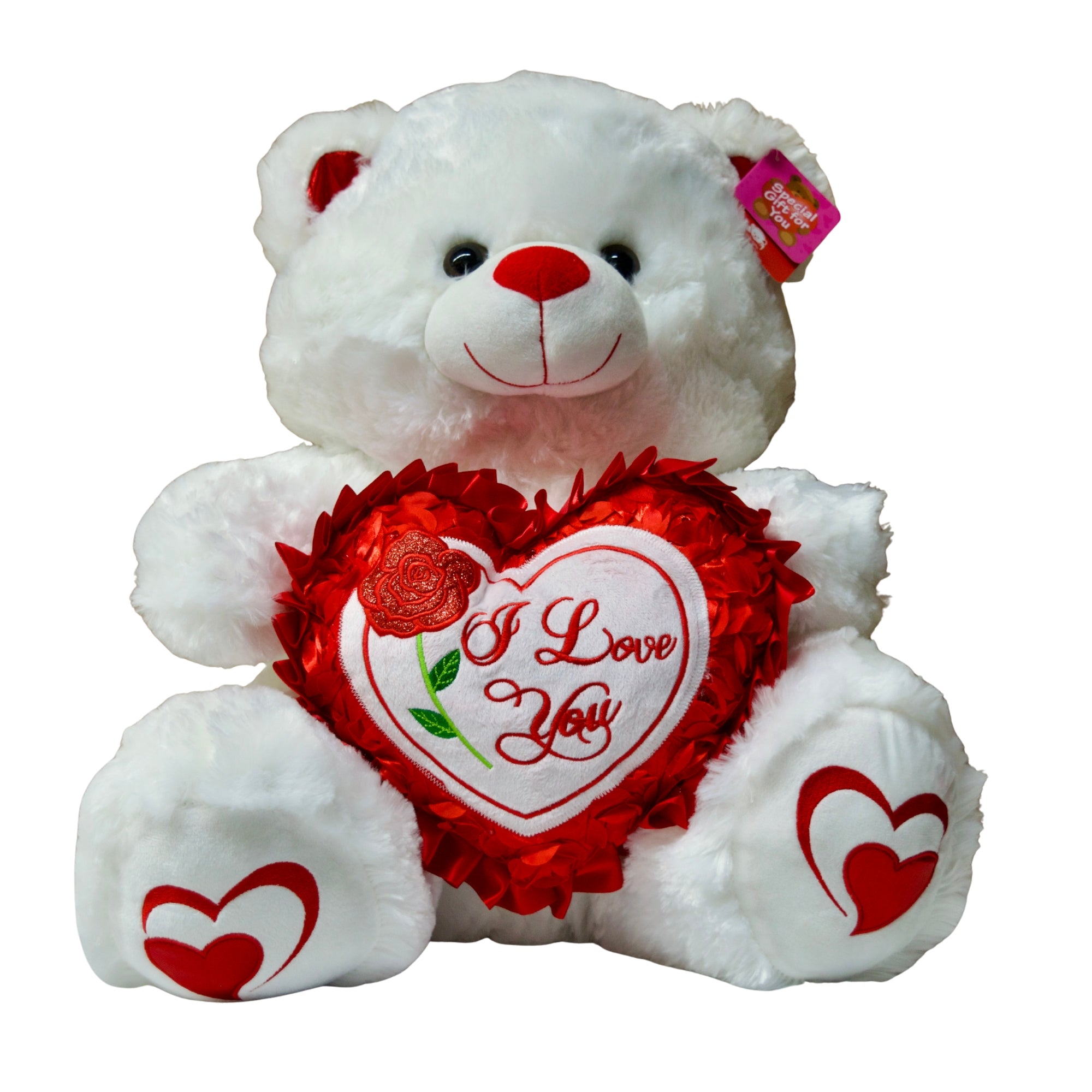 White teddy bear with a red heart that says 'I Love You' on a white background