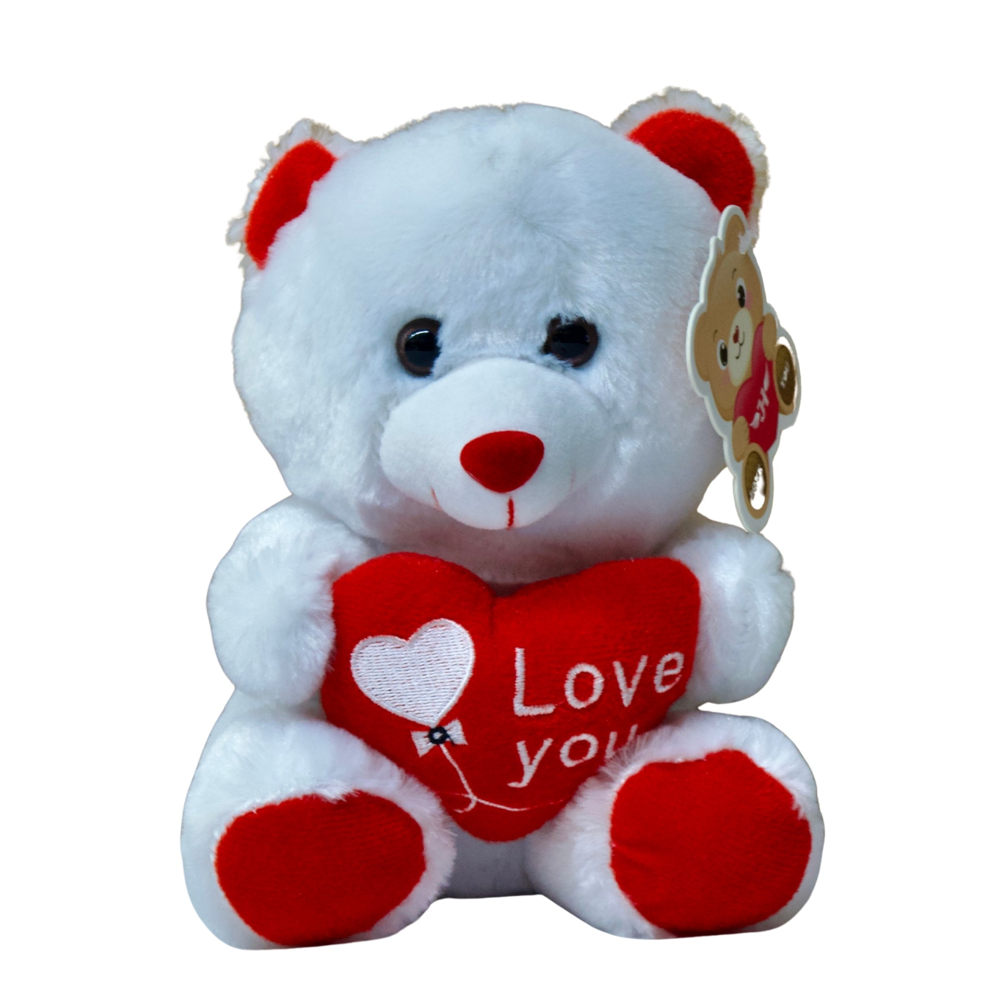 White teddy bear with red accents holding a heart-shaped 'Love you' pillow on a white background