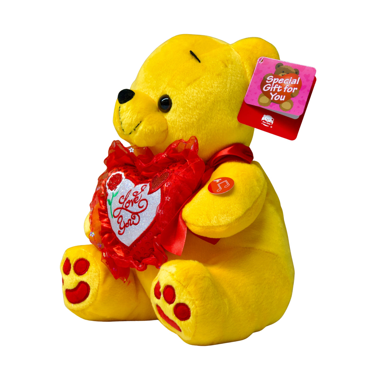 Yellow teddy bear with a red heart and 'I Love You' text on a white background wholesale