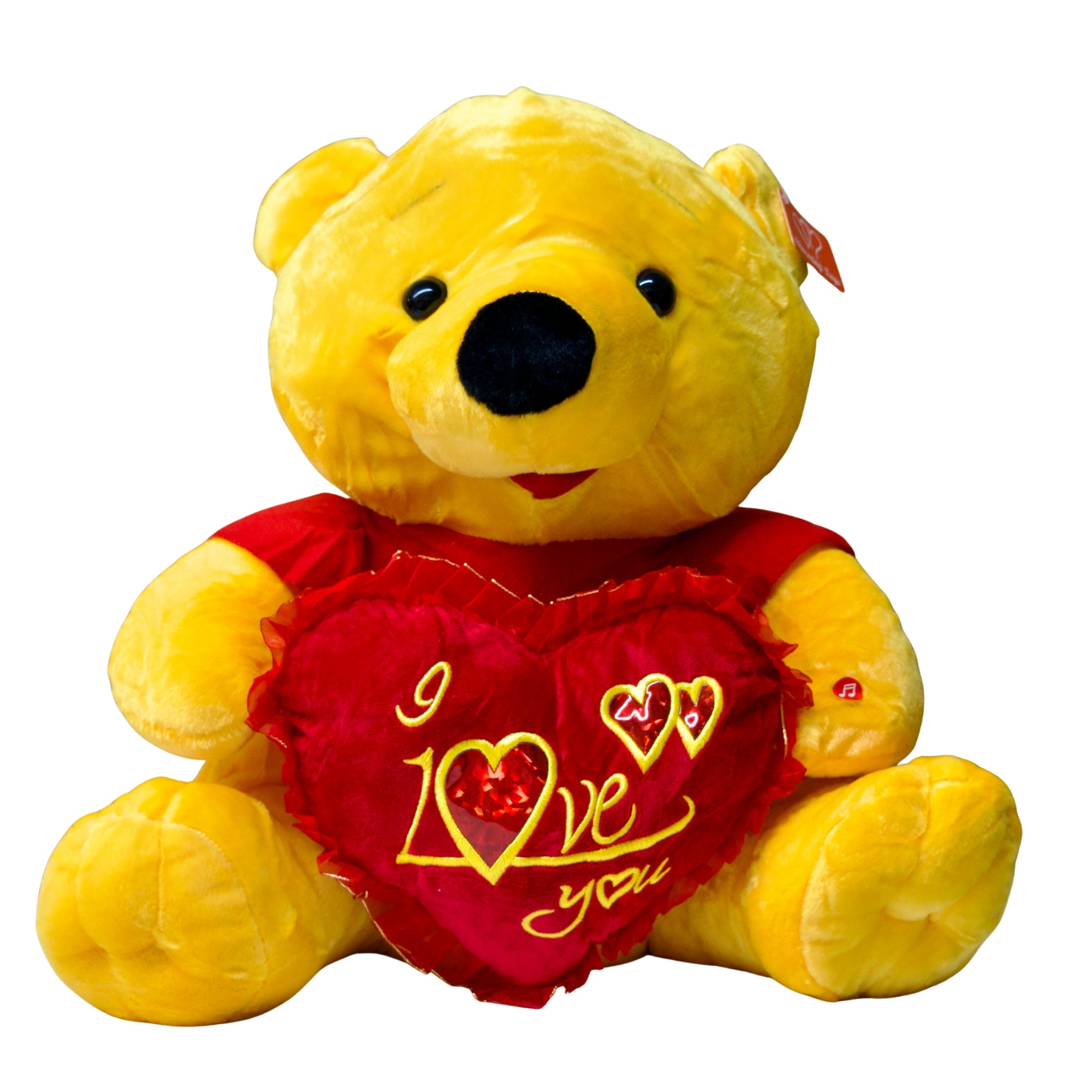 Yellow teddy bear with a red heart that says 'I love you' on a white background