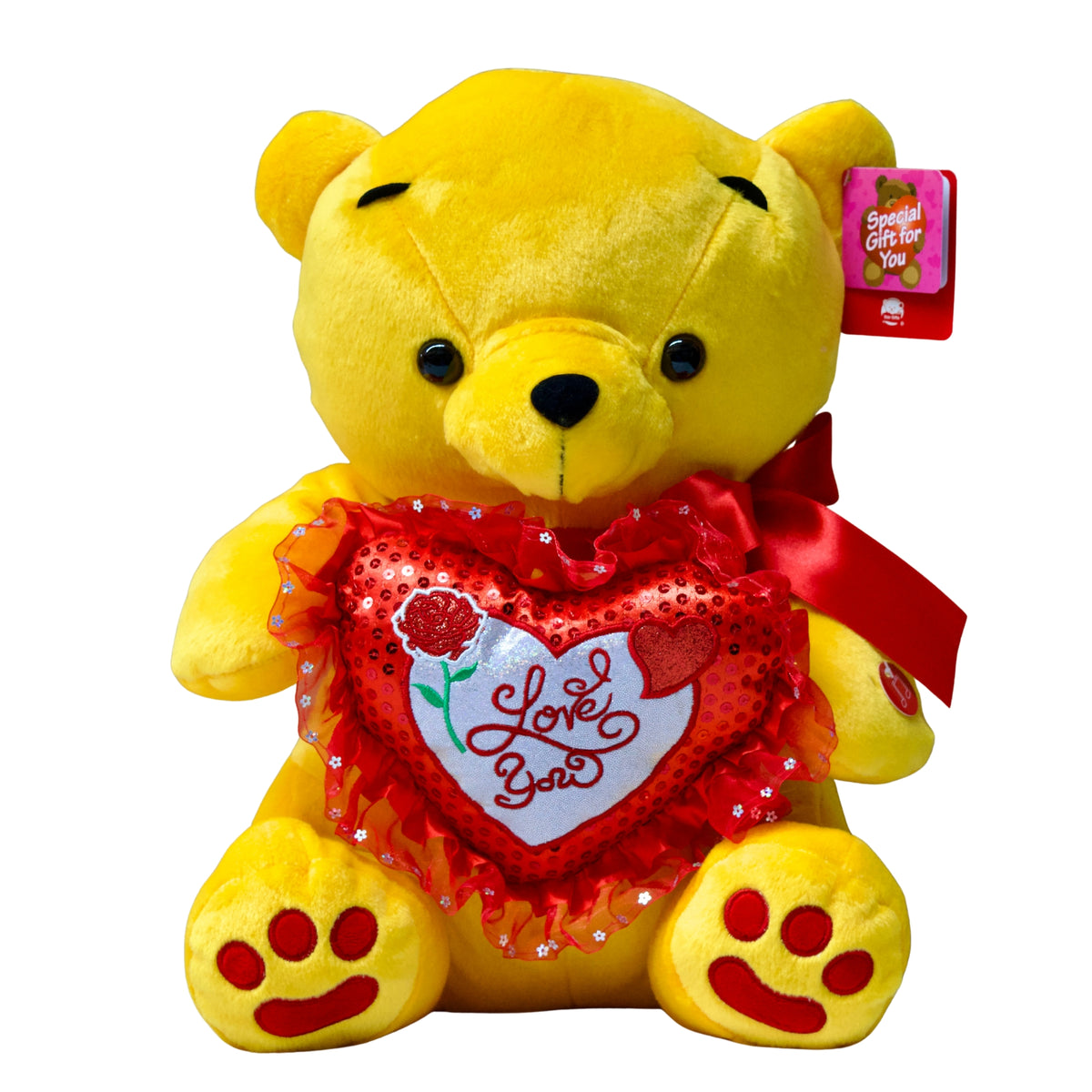 Yellow teddy bear with a red heart that says 'Love you' on a white background wholesale